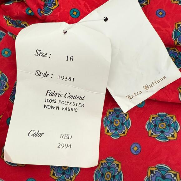 Vintage 1980s Satin Jacquard Printed Button Front Shirt Women 16 XL Red Brocade - Picture 8 of 10